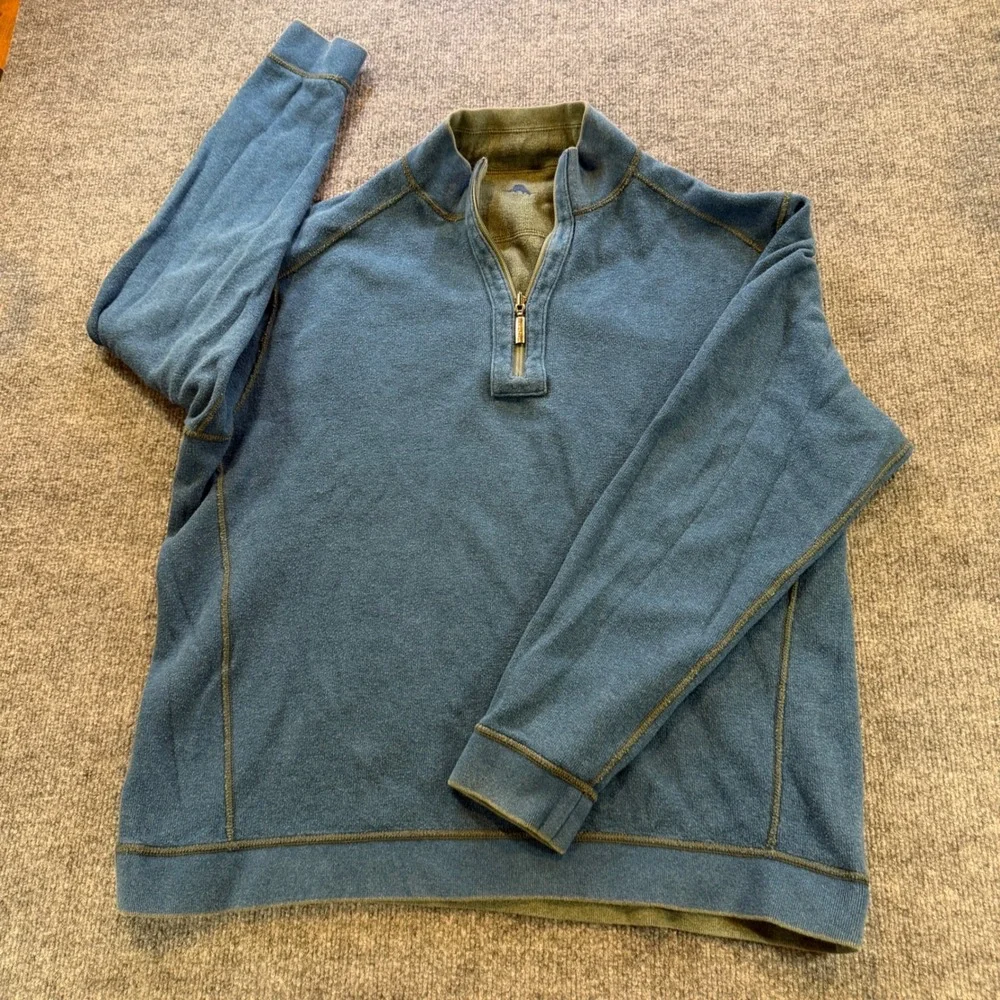 Tommy Bahama Mens Reversible Quarter Zip Pullover Green Blue Sweatshirt XL